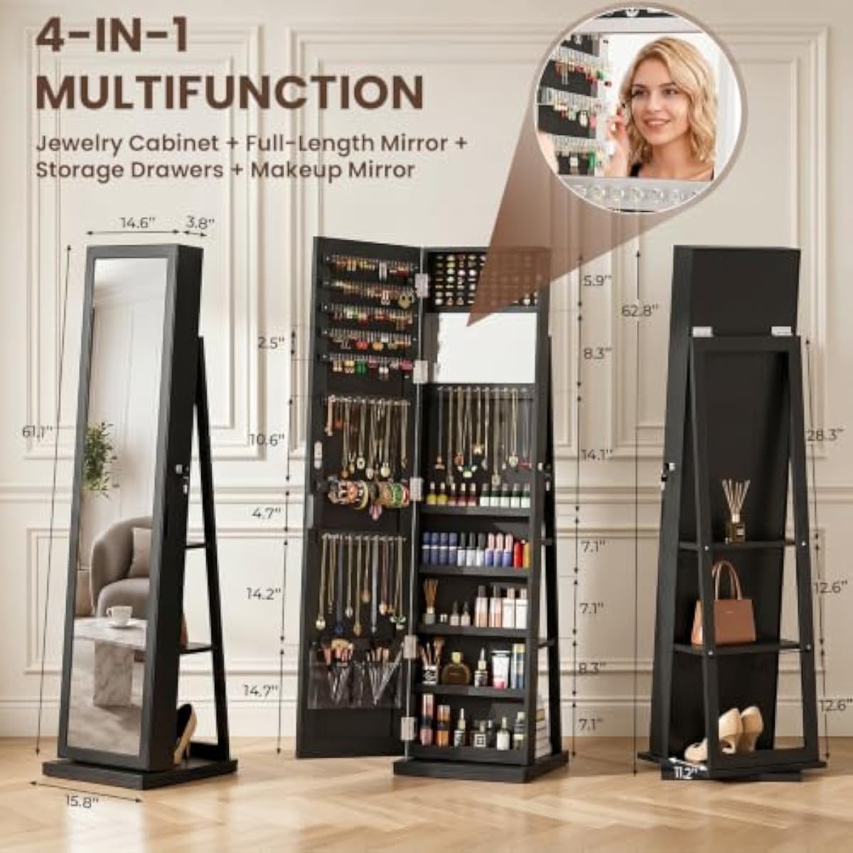 Lemari Perhiasan Berdiri Hitam - Full Length Mirror Jewelry Armoire ulasan dan harga