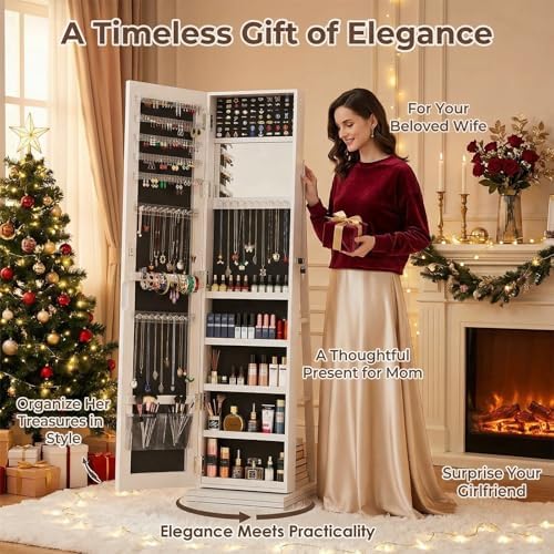 360 °   Lemari Perhiasan Putar - Full Length Mirror Jewelry Armoire ulasan dan harga